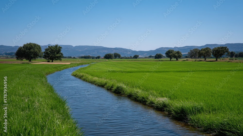 Obraz premium Lush Green Fields with an Irrigation Canal Flowing Through Agricultural Landscape