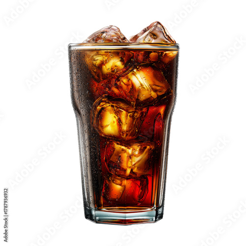 Glass of cola with ice and condensation on transparent background