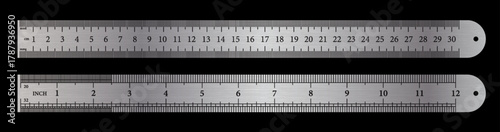 Set of realistic metal rulers in vector style with centimeter, millimeter, and inch scales. Shiny brushed steel surface, precise measurement tool for design, engineering, and technical illustrations.