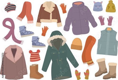 Big set with variety of winter clothing essentials. Warm jackets, vest, boots, knitted hats, mittens, gloves, coat, wool scarves