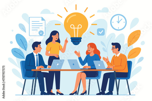 Team of business people brainstorming creative ideas in office meeting with light bulb symbolizing innovation teamwork and business development concept flat vector illustration