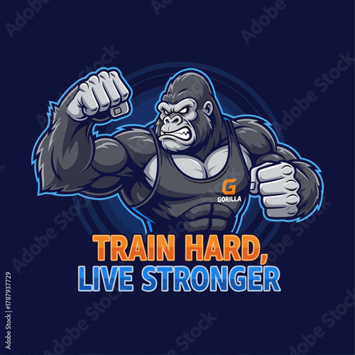Cartoon gorilla flexing muscles wearing a tank top with a determined expression.