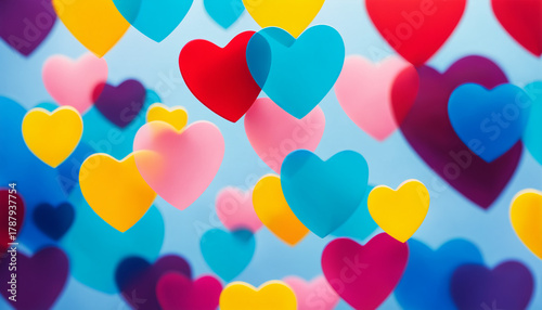 pattern of colorful layered translucent hearts over a light blue background
