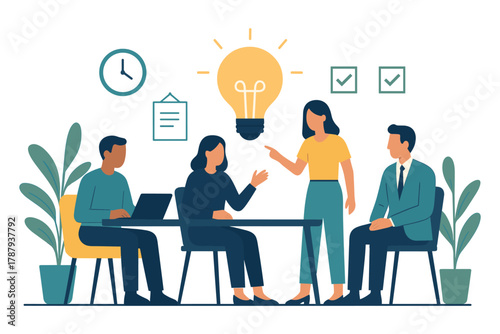 Team brainstorming session with diverse business people discussing new ideas at office table, sharing creativity and innovation concept with light bulb symbol, flat vector illustration