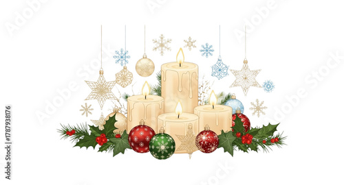 christmas decoration with candle and fir branch