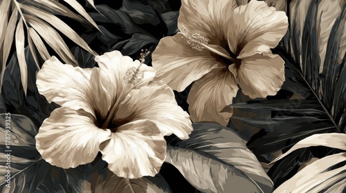 Tropical flora featuring large blossoms and dense foliage rendered in muted sepia tones