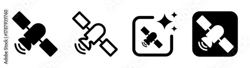 Modern satellite icon illustration representing data transfer and communication technology in space, ideal for information networks in transparent black vector PNG design