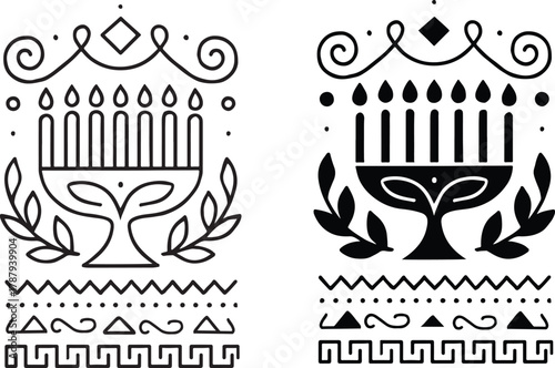 Hanukkah menorah design two styles black and white illustration art