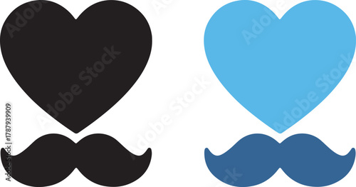 Heart and Mustache Icons in Black and Blue Symbolic Representation