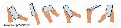 Human hands holding mobile phones with empty blank screen. People using smartphone, scrolling, tapping, touching fingers, taking photos. Hand drawn vector illustration, modern flat cartoon style.