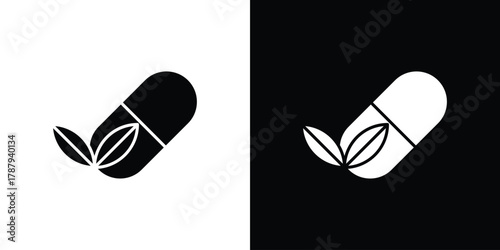Herbal capsule icon in solid silhouette set. Vector Illustration.