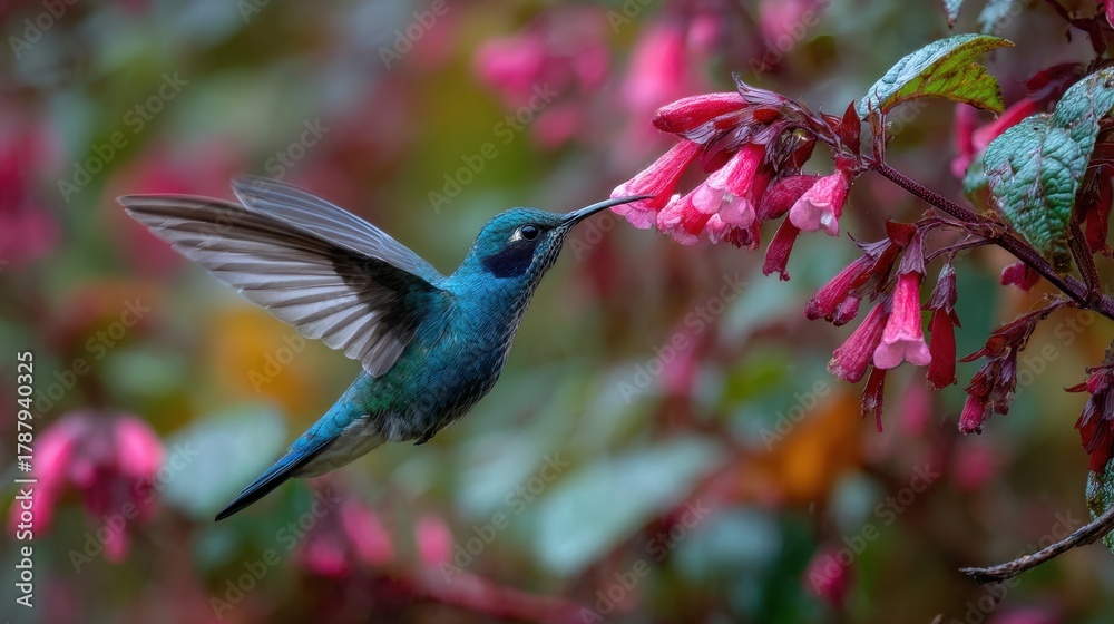 Fototapeta premium A lesser violetear hummingbird foraging on coleus flowers in a central Colombian forest near Villa de Leyva during the afternoon