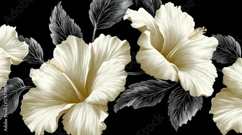 Striking ivory tropical blossoms and detailed foliage repeat across a deep black background