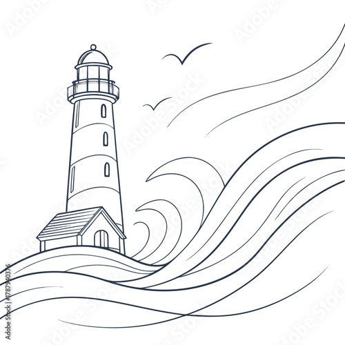A seaside illustration featuring a lighthouse birds and rolling ocean waves