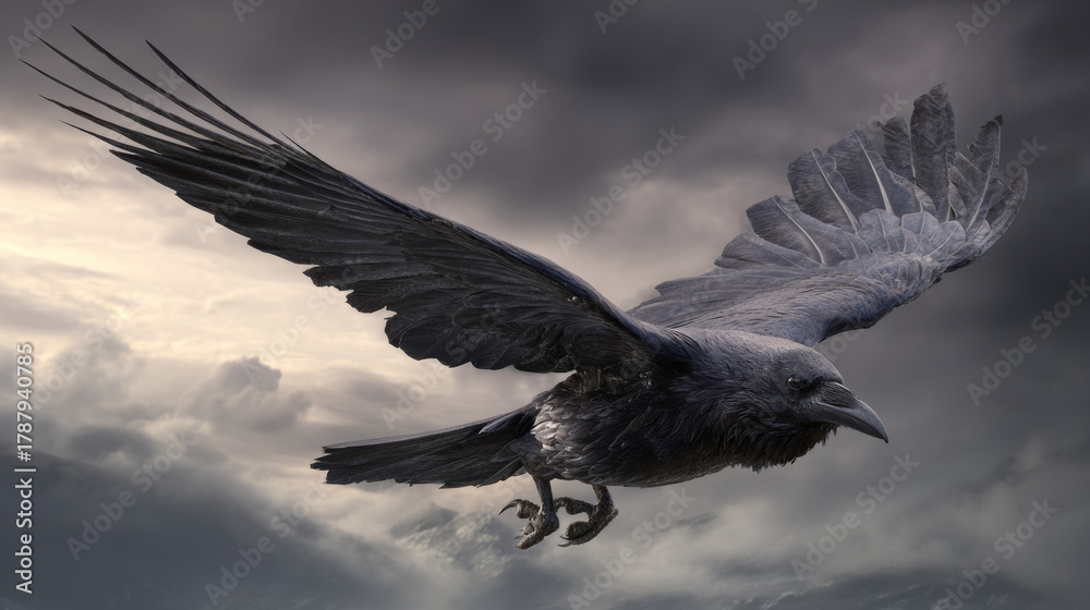 Obraz premium Raven flying over dramatic cloudy sky