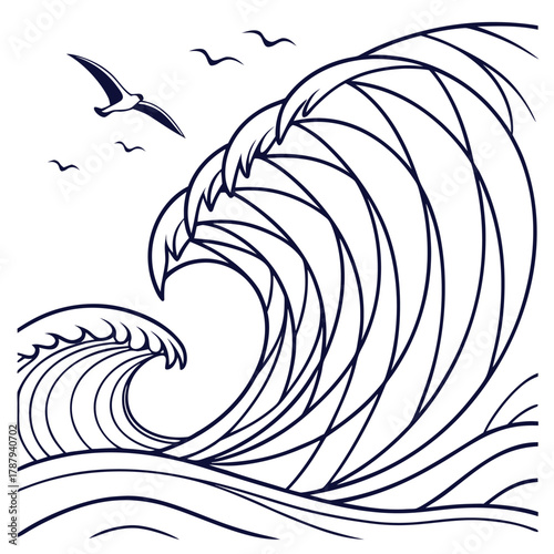 Stylized illustration of ocean waves and soaring birds in a minimalist design