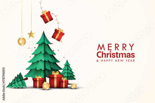 Merry christmas and happy new year 2026, green and red gift boxes, golden hanging ornaments banners design on light background, EPS10 vector illustration