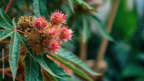 Details of the ornamental Ricinus communis in the flowerbed including its green tree and flowers