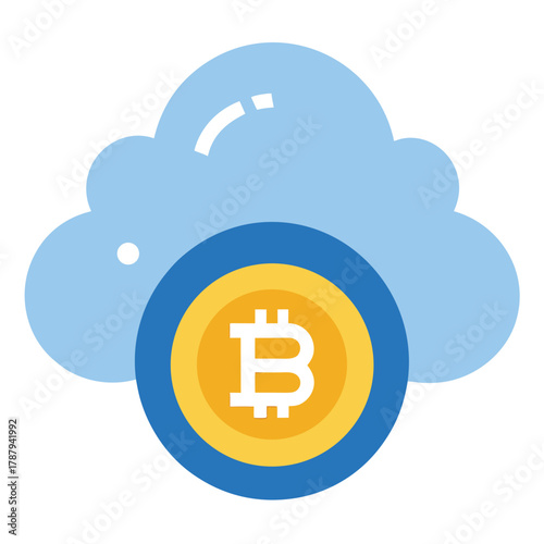 Bitcoin cloud storage concept with a blue cloud and a bitcoin symbol isolated on white background