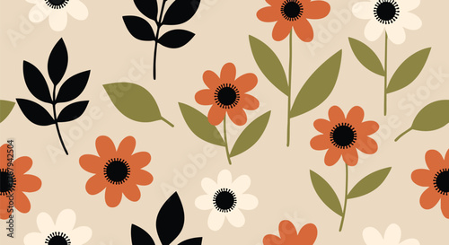 A delightful seamless pattern featuring a charming arrangement of various flowers and leaves in warm, earthy tones