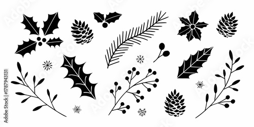 Collection of hand drawn black silhouette christmas elements including holly berries pine cones pine branches and snowflakes
