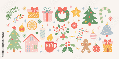 Whimsical christmas elements collection with festive decorations and winter holiday icons