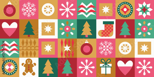 Retro christmas holiday pattern with geometric ornaments trees snowflakes and gingerbread man