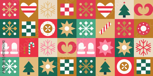 Festive geometric pattern with christmas icons and winter motifs in a retro color palette