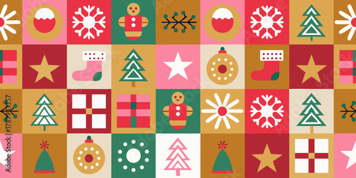 Retro christmas pattern with festive icons and geometric shapes in warm colors