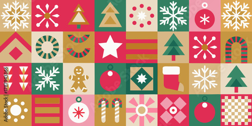 Geometric christmas pattern featuring snowflakes trees ornaments stars gingerbread man candy canes and stockings