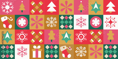 Retro christmas pattern with snowflakes trees stockings and gifts on colorful squares