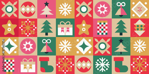 Retro scandinavian christmas seamless pattern with festive geometric ornaments and symbols