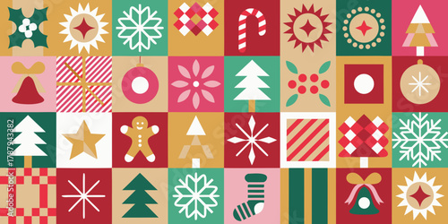Retro christmas pattern with festive icons and geometric shapes in a muted color palette
