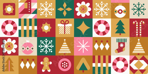 Retro mid century modern christmas pattern with festive icons and geometric shapes