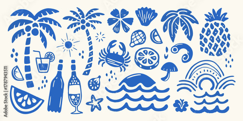 Collection of blue summer vacation icons and symbols on a cream background