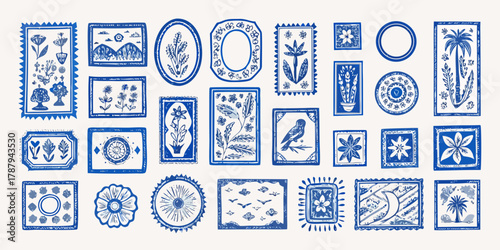 Collection of decorative blue and white hand drawn illustrations featuring floral motifs birds and landscapes