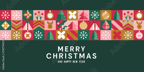 Merry christmas and happy new year greeting card with festive geometric pattern and holiday icons