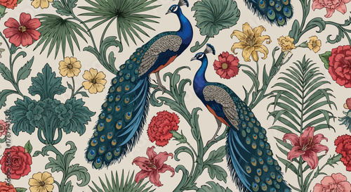 Exotic Peacocks and Vibrant Flowers Pattern - Vintage Textile Design