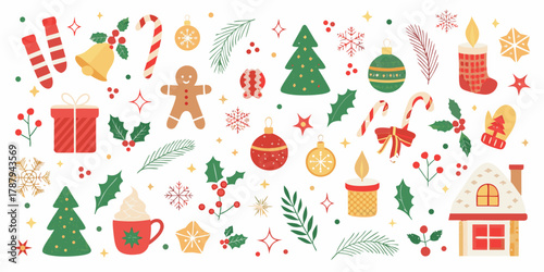 Festive christmas icons and ornaments scattered across a white background