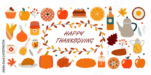 Happy thanksgiving greeting card with autumn harvest food and decorations
