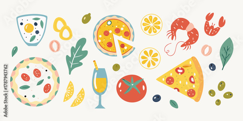 A vibrant flat design illustration of italian food and drinks with pizza shrimp lemons olives and a cocktail