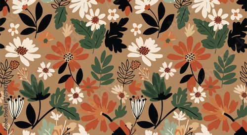 A seamless pattern featuring a variety of blooming flowers and foliage in earthy tones of brown, white, and rust