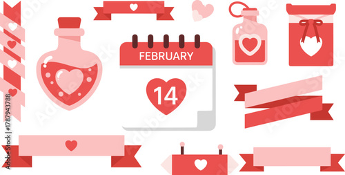 Love and romance valentine's day icons set with hearts calendar