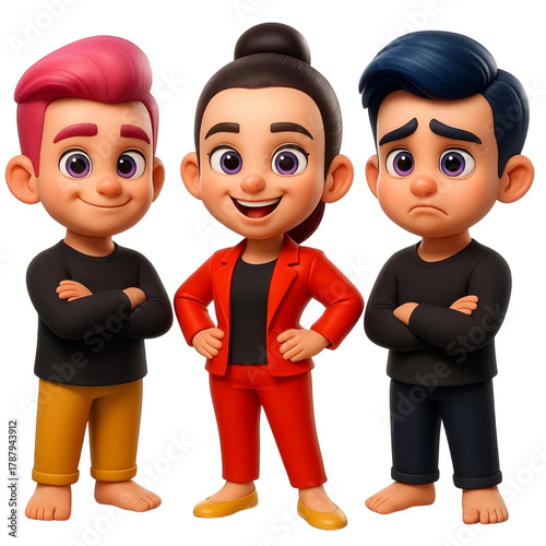 Three Children, Girl Wearing Red Suit Stands Between Two Boys, One With Pink Hair And The Other With Grumpy Blue Hair.eps