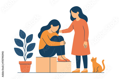 Woman comforting her sad friend by giving emotional support and care with kind gesture, flat vector illustration