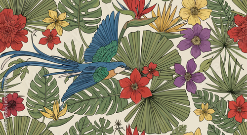 Vibrant Tropical Parrot Amidst Lush Exotic Flora with Detailed Feathers and Colorful Blossoms
