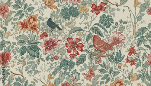 A vintage floral wallpaper pattern with two birds perched among blossoming flowers and lush foliage, evoking a sense of natural beauty and timeless elegance