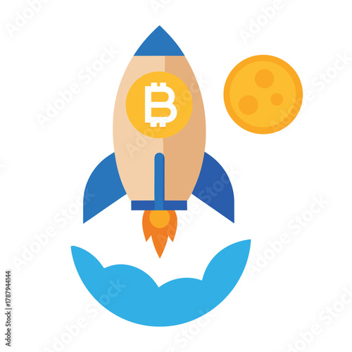 Bitcoin cryptocurrency rocket ship launching to the moon isolated on white background is shown here