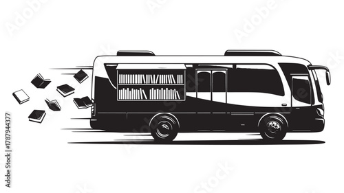 Engaging black and white bookmobile illustration conveying literacy and education, perfect for libraries, schools, and reading programs, a mobile library bringing knowledge to all