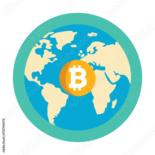 Bitcoin symbol on a world map, representing the global reach of cryptocurrency isolated on white background